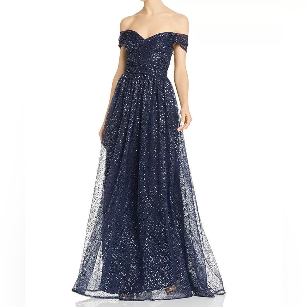 Aidan Mattox Navy Sequin Sweetheart Cap Sleeve Grecian Gown Size 4 NWT